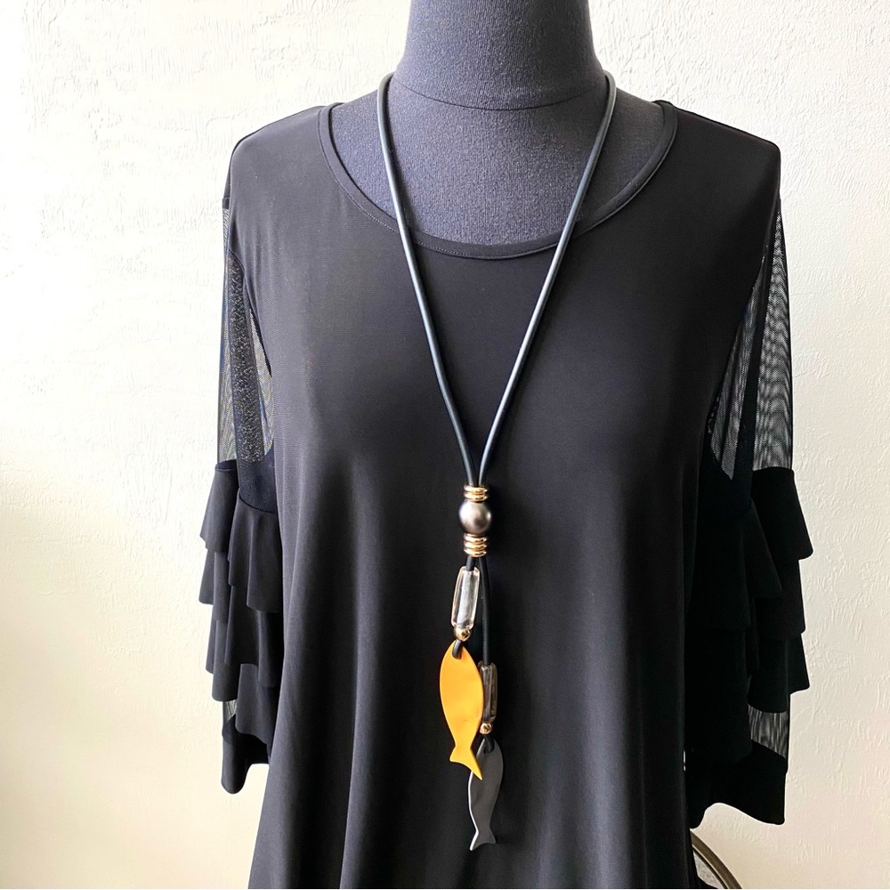 LAST CHANCE SALE! Leather Mixed Media Beaded Fish Pendant Statement Necklace - Picture 3 of 5